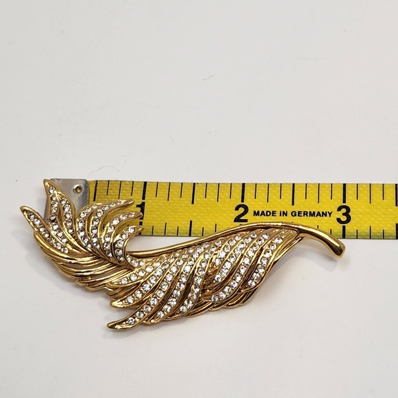 Roman Feather Clear Crystal Brooch Gold Tone Costume Fashion Jewelry Statement - Picture 6 of 6